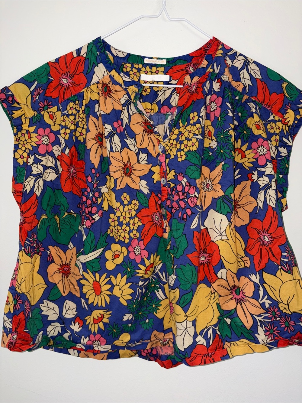 MOTHER Blue Multicolor Floral Short Sleeve Blouse